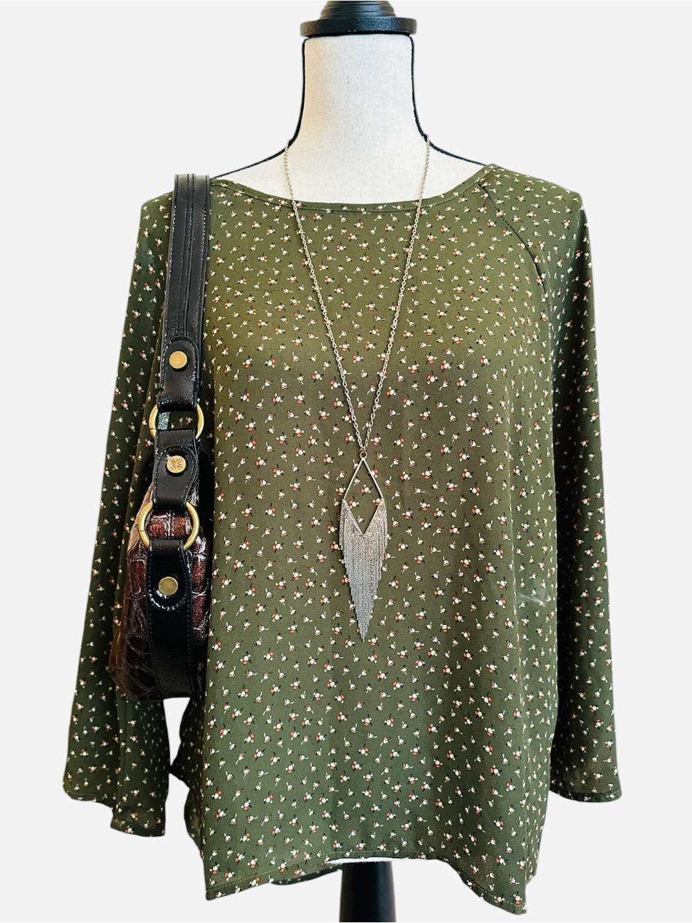 Papermoon Olive Green Ditsy Floral Blouse Top Earthy Boho Chic Large